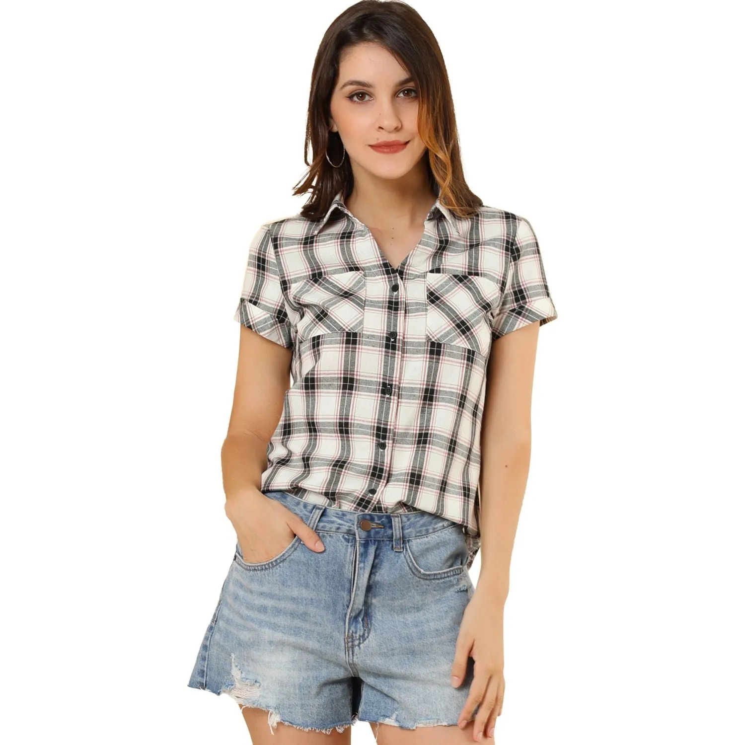 ALLEGRA K Women's Cotton Plaid Short Sleeve Button Front Boyfriend Shirt , white/black