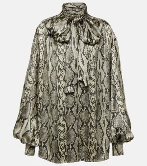 Balmain Snake Print Silk Tie Blouse, Gray