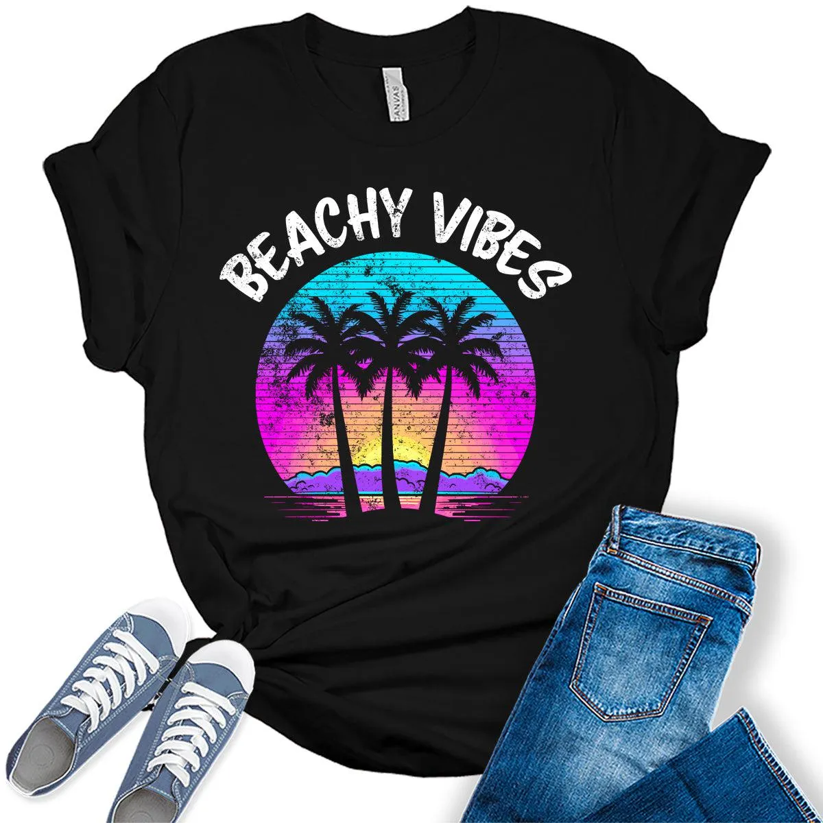 Beachy Vibes Shirt Retro Palm Tree Letter Print T Shirtsummer Graphic Tees for Women