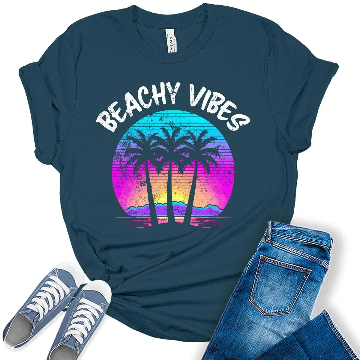 Beachy Vibes Shirt Retro Palm Tree Letter Print T Shirtsummer Graphic Tees for Women