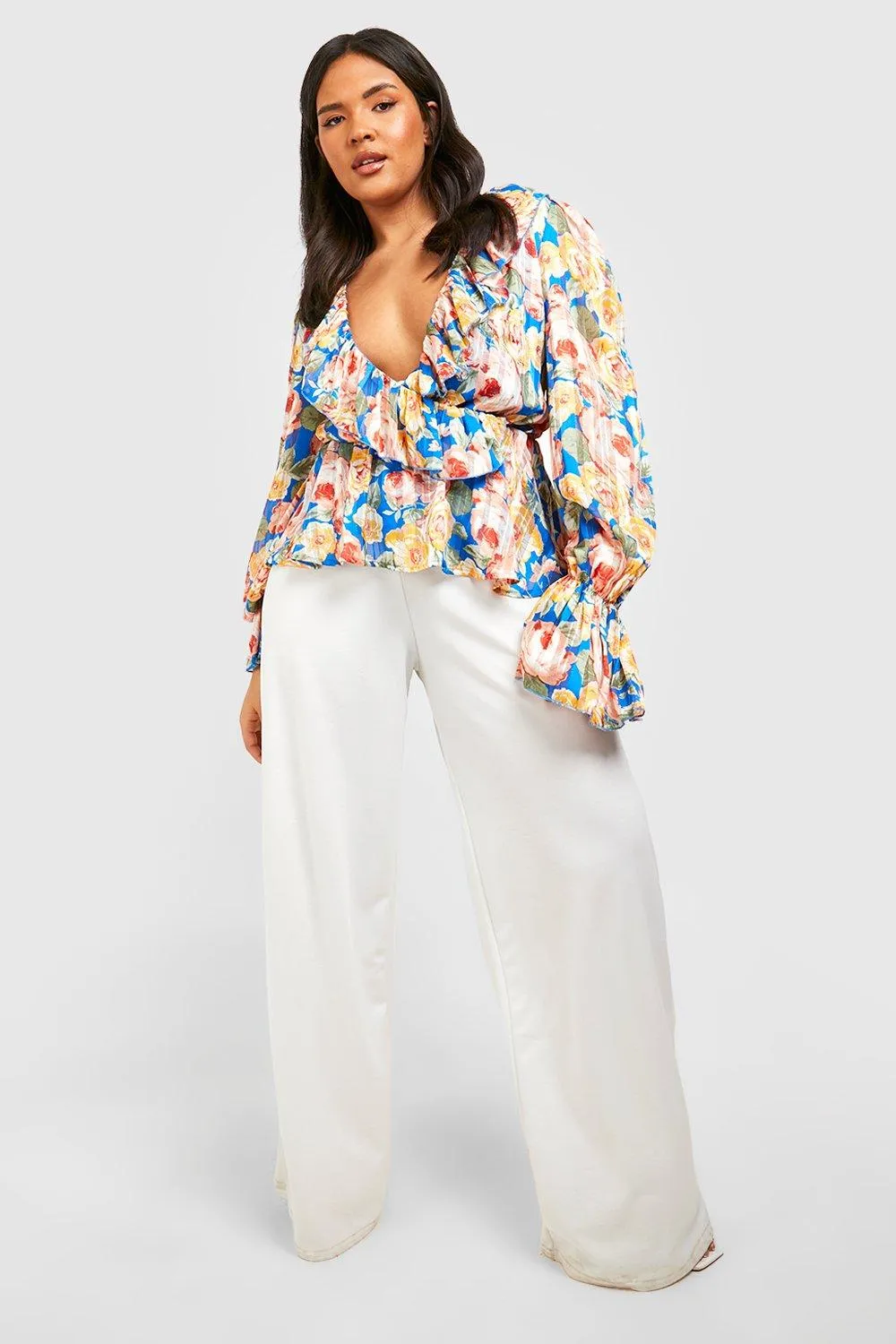 Boohoo Floral Front Wrap Blouse, Blue