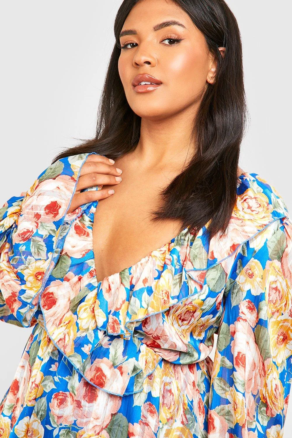 Boohoo Floral Front Wrap Blouse, Blue