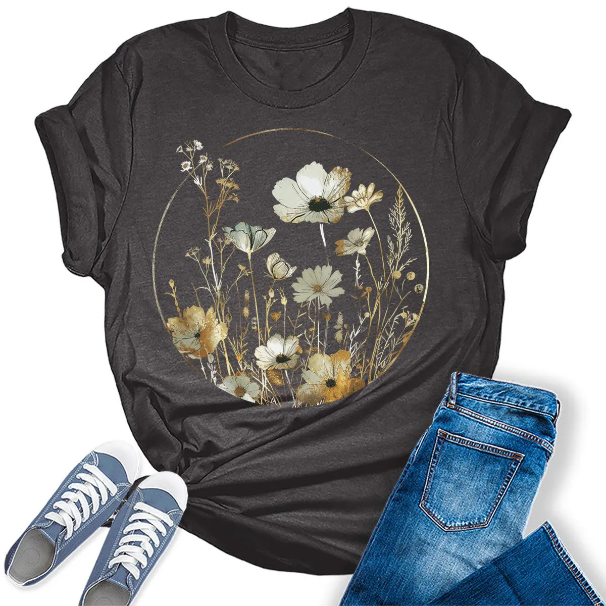 Botanical Moon Wildflower Graphic Tees For Womens