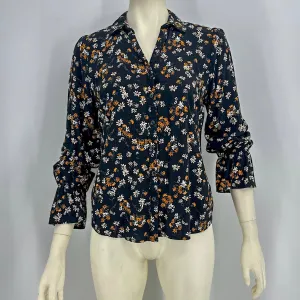 C Est 1946 Womens L Black Floral Long Sleeve Hi Low Button-Up Top Shirt Blouse