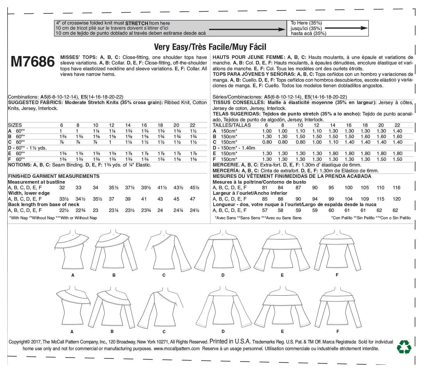 CLEARANCE • McCall's PATTERN MISSES' OFF-THE-SHOULDER KNIT TOPS 7686