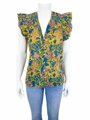 Cleobella Women's Chloe Block Print Button-Front Blouse Jade/Gold Size S