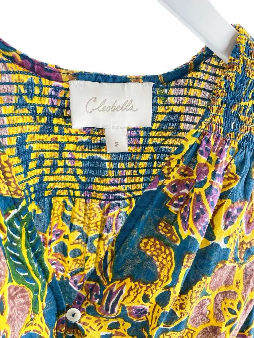 Cleobella Women's Chloe Block Print Button-Front Blouse Jade/Gold Size S