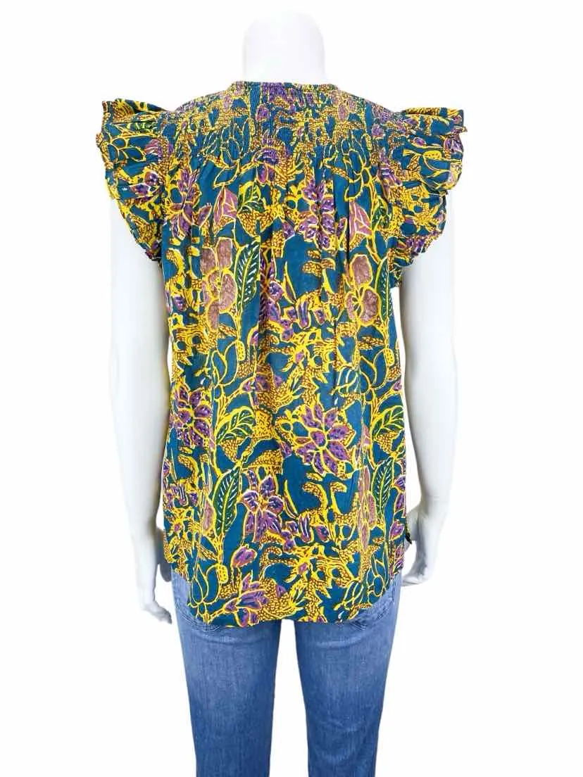 Cleobella Women's Chloe Block Print Button-Front Blouse Jade/Gold Size S