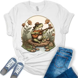 Cottagecore Shirt Aesthetic Frog Playing Guitar On Rock T-Shirt Women's Graphic Print Bella Y2k Top