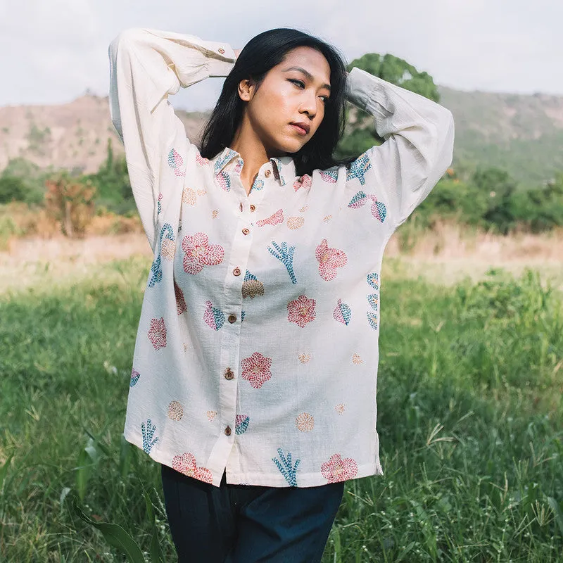 Cotton Oversized Shirt for Women | White | Embroidered