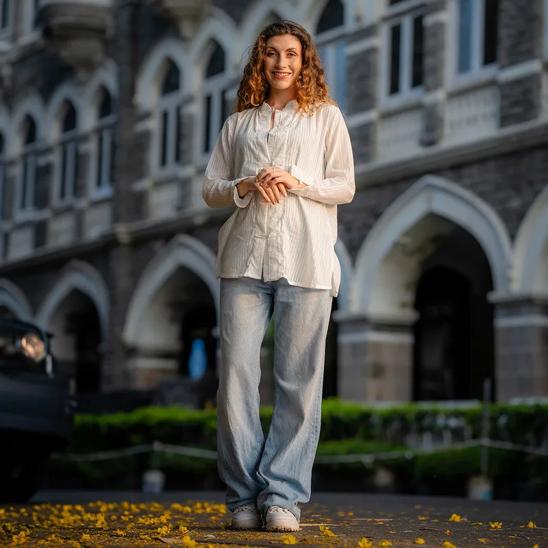 Cotton White Shirt for Women | Striped | Textured