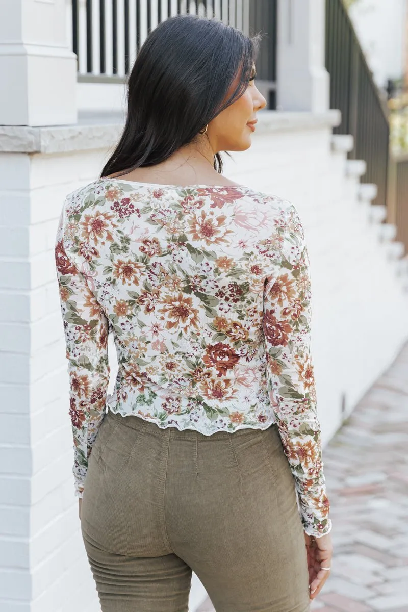 Cream Floral Mesh Smocked Blouse - FINAL SALE