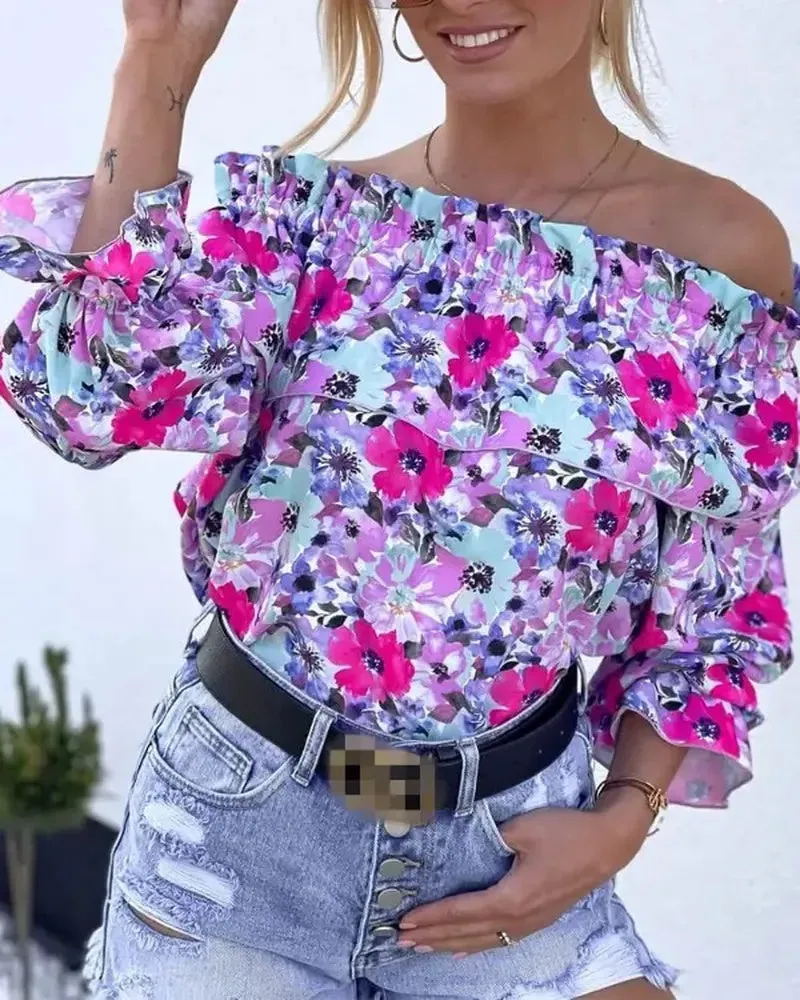 Deanwangkt - Ruched ruffled off-the-shoulder top in floral print