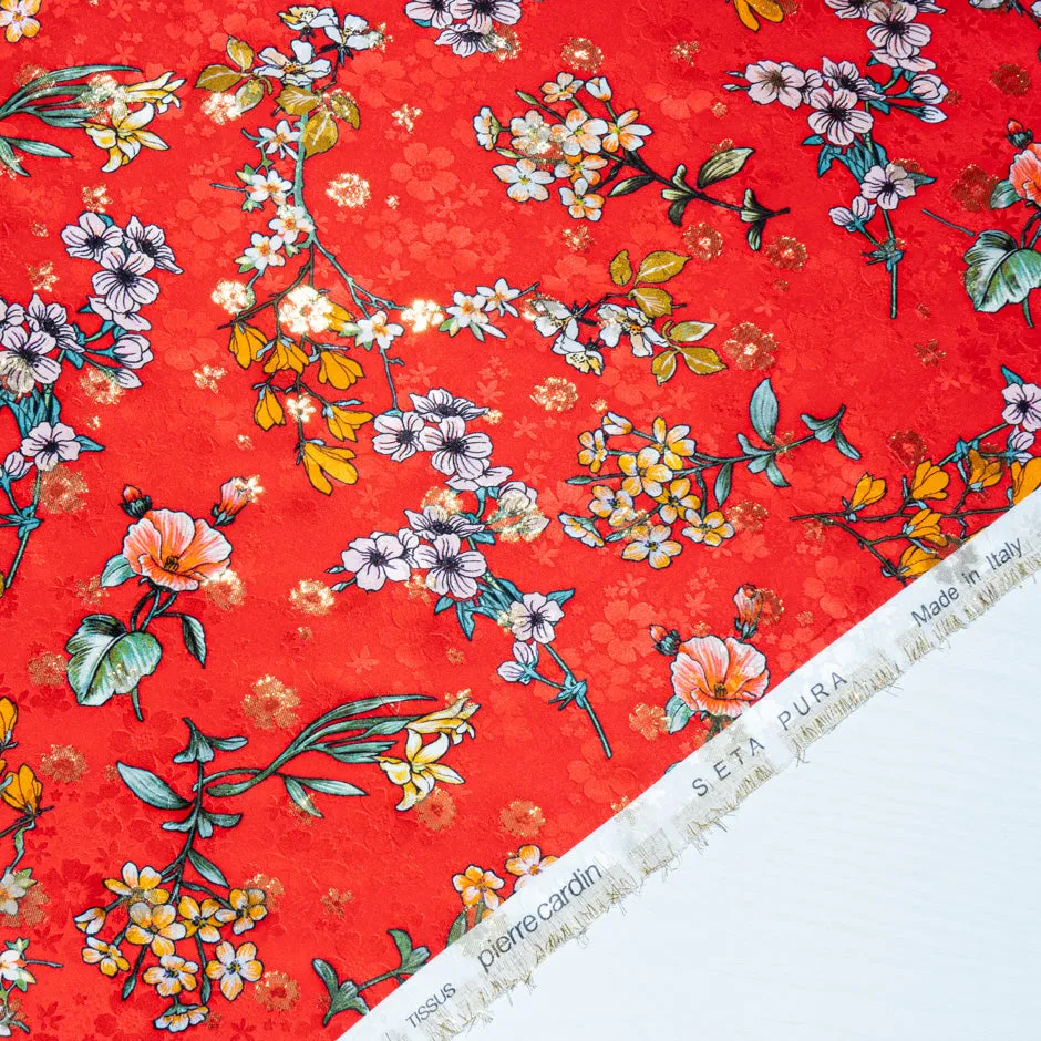 Delicate Floral Printed Red Metallic Silk Jacquard