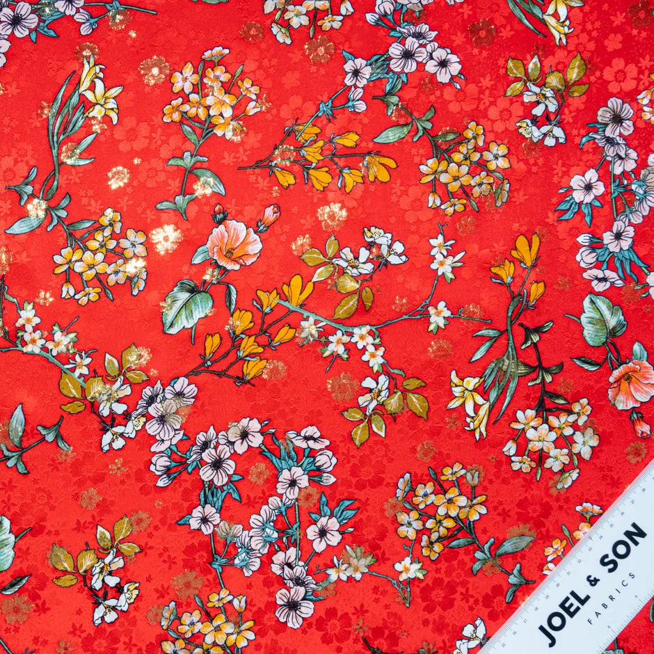 Delicate Floral Printed Red Metallic Silk Jacquard