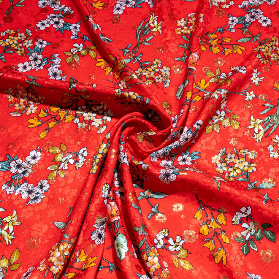 Delicate Floral Printed Red Metallic Silk Jacquard