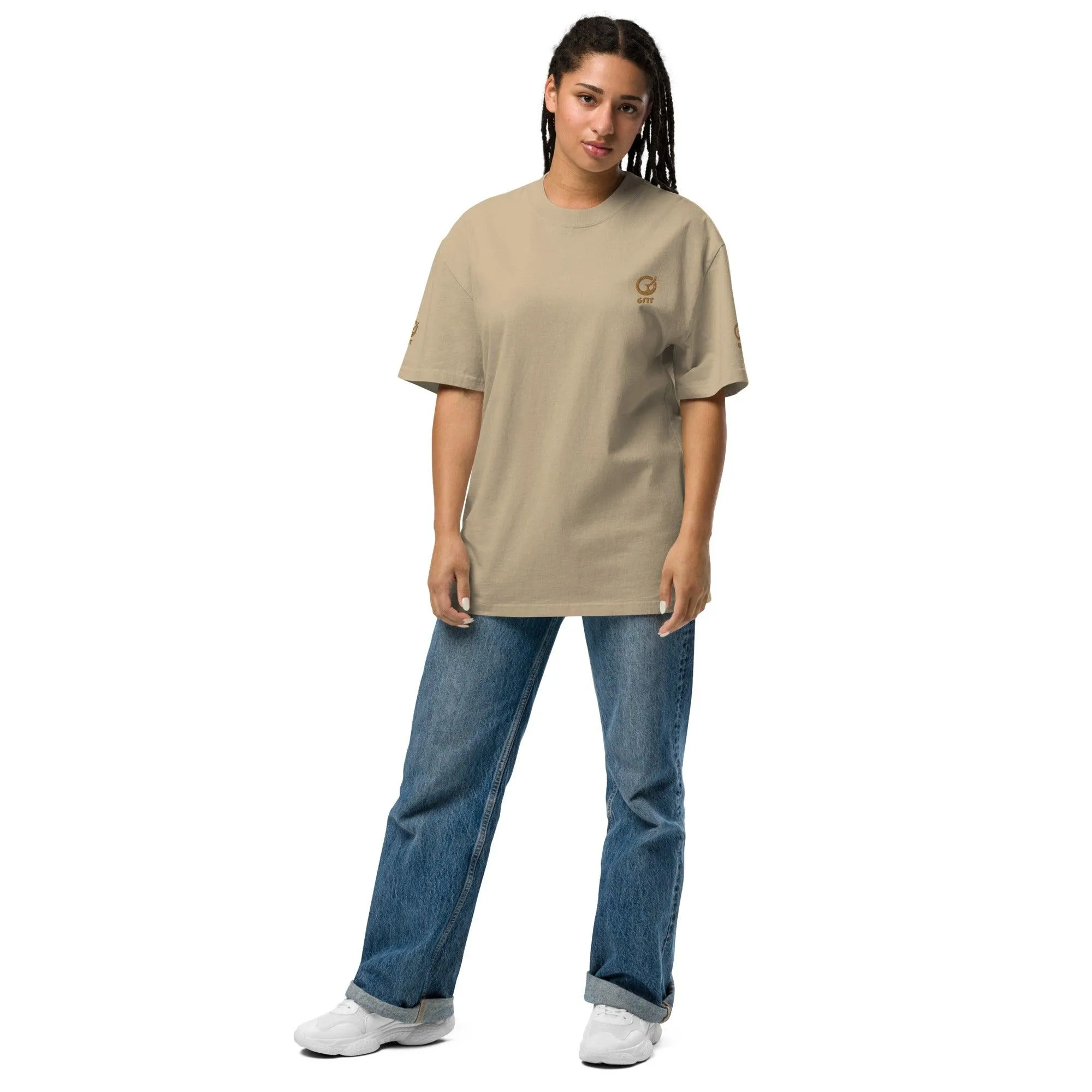 Embroidered Carded Cotton Oversized faded T-Shirt - Faded Khaki