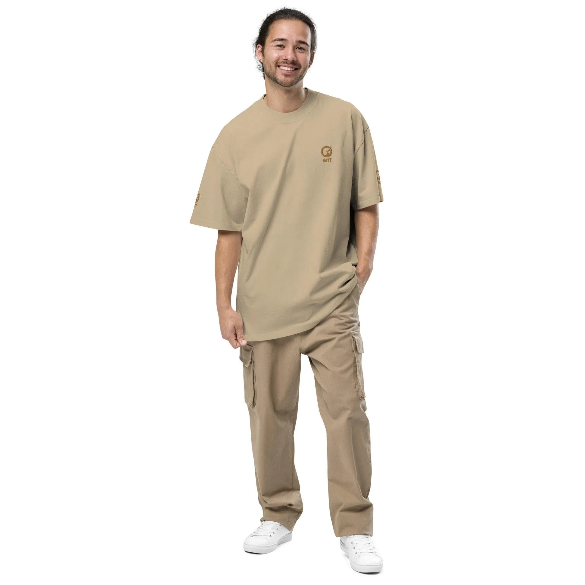 Embroidered Carded Cotton Oversized faded T-Shirt - Faded Khaki