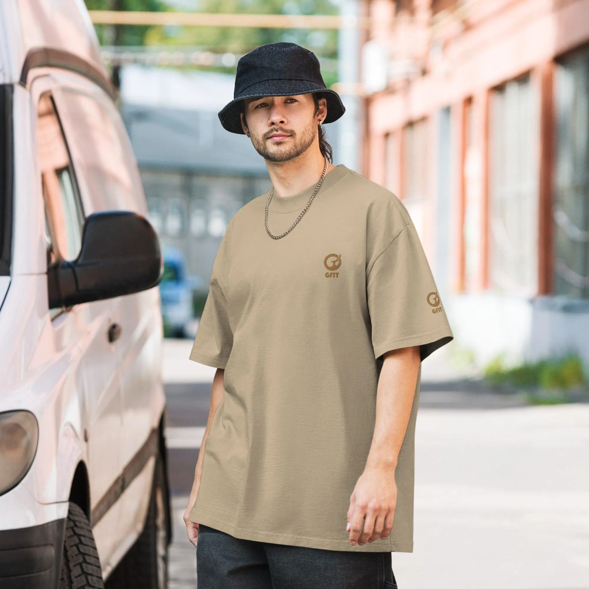 Embroidered Carded Cotton Oversized faded T-Shirt - Faded Khaki