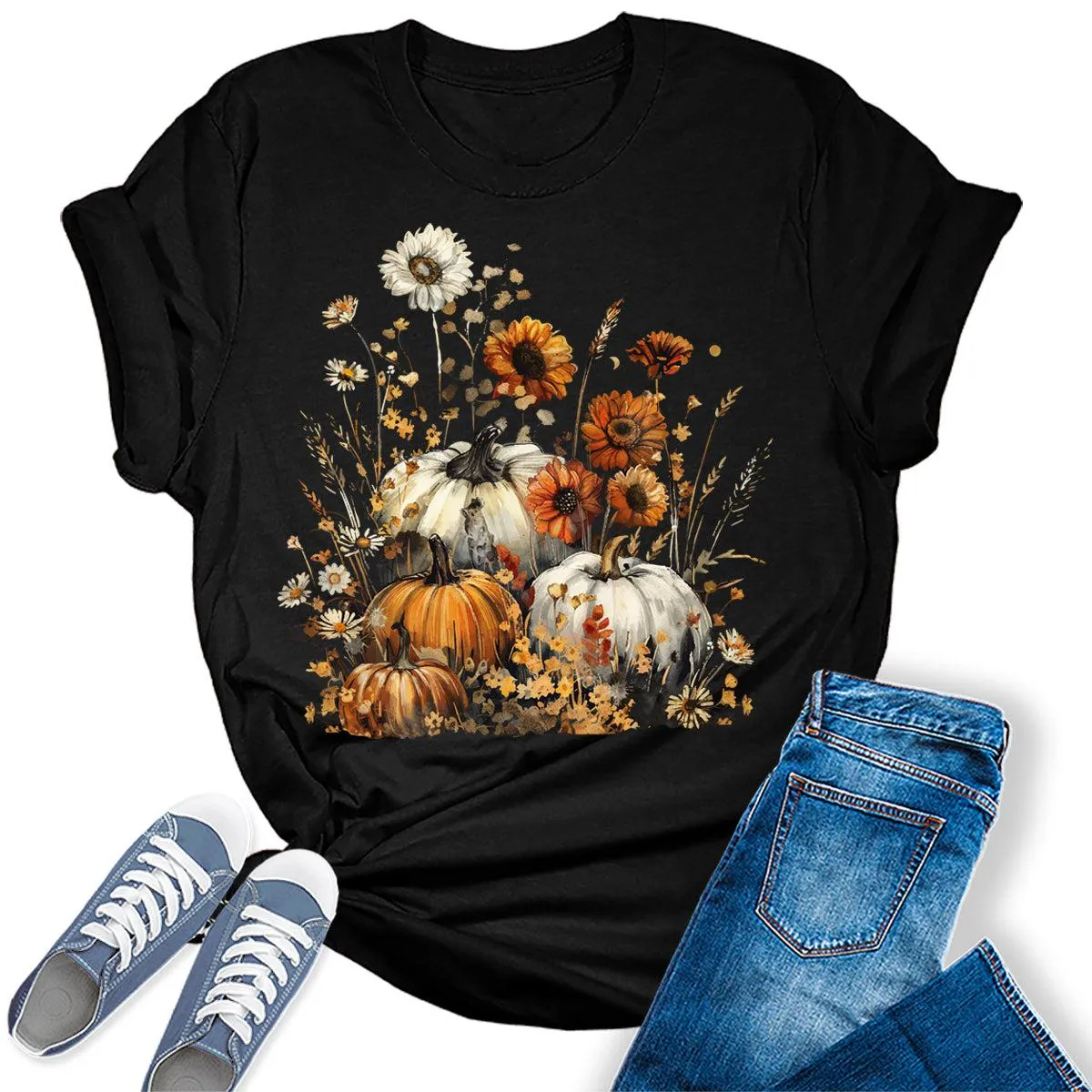 Fall Wildflower Pumpkin Graphic Tees For Women