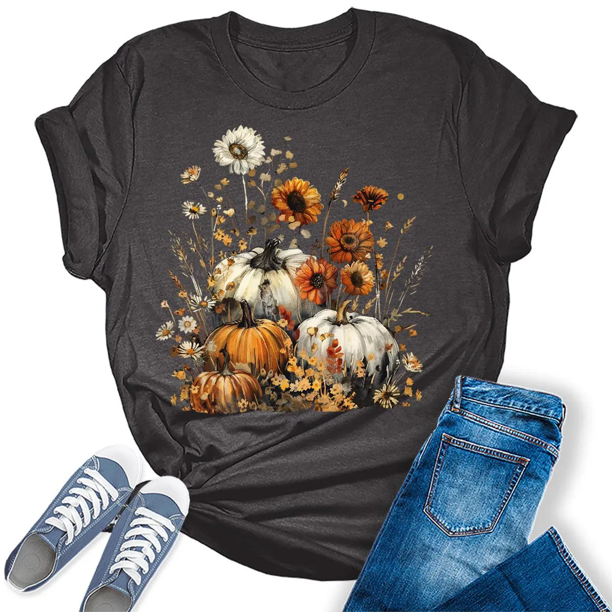 Fall Wildflower Pumpkin Graphic Tees For Women