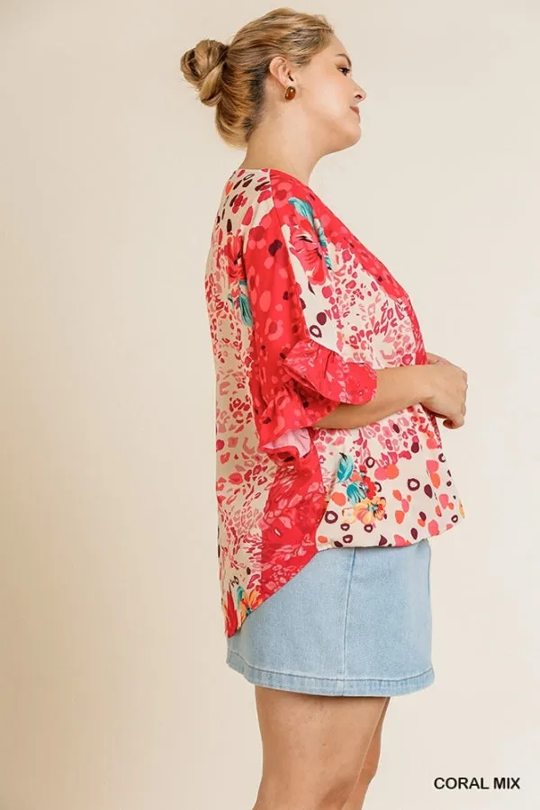 Floral Animal Mixed Print Ruffle Sleeve V-Neck Crossbody Top