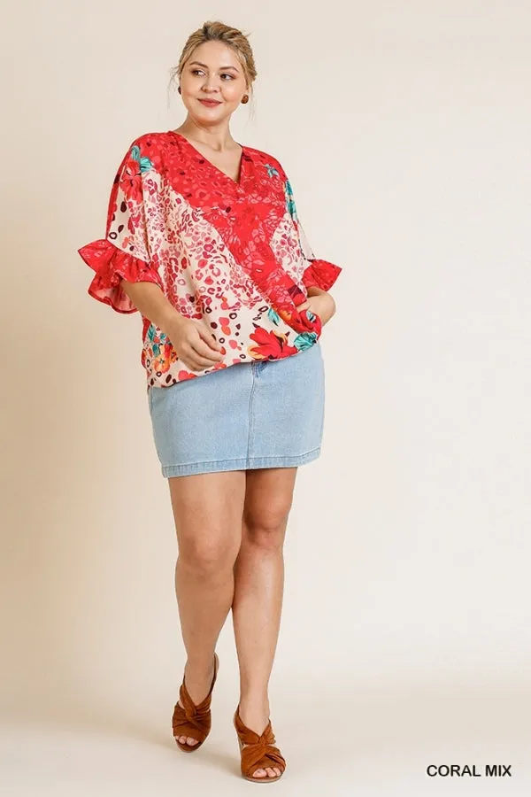 Floral Animal Mixed Print Ruffle Sleeve V-Neck Crossbody Top