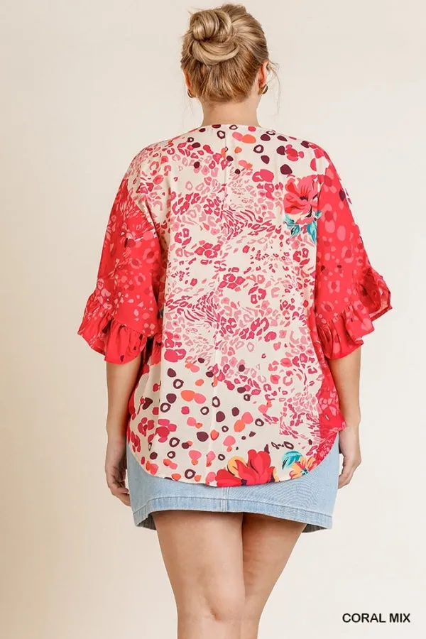 Floral Animal Mixed Print Ruffle Sleeve V-Neck Crossbody Top