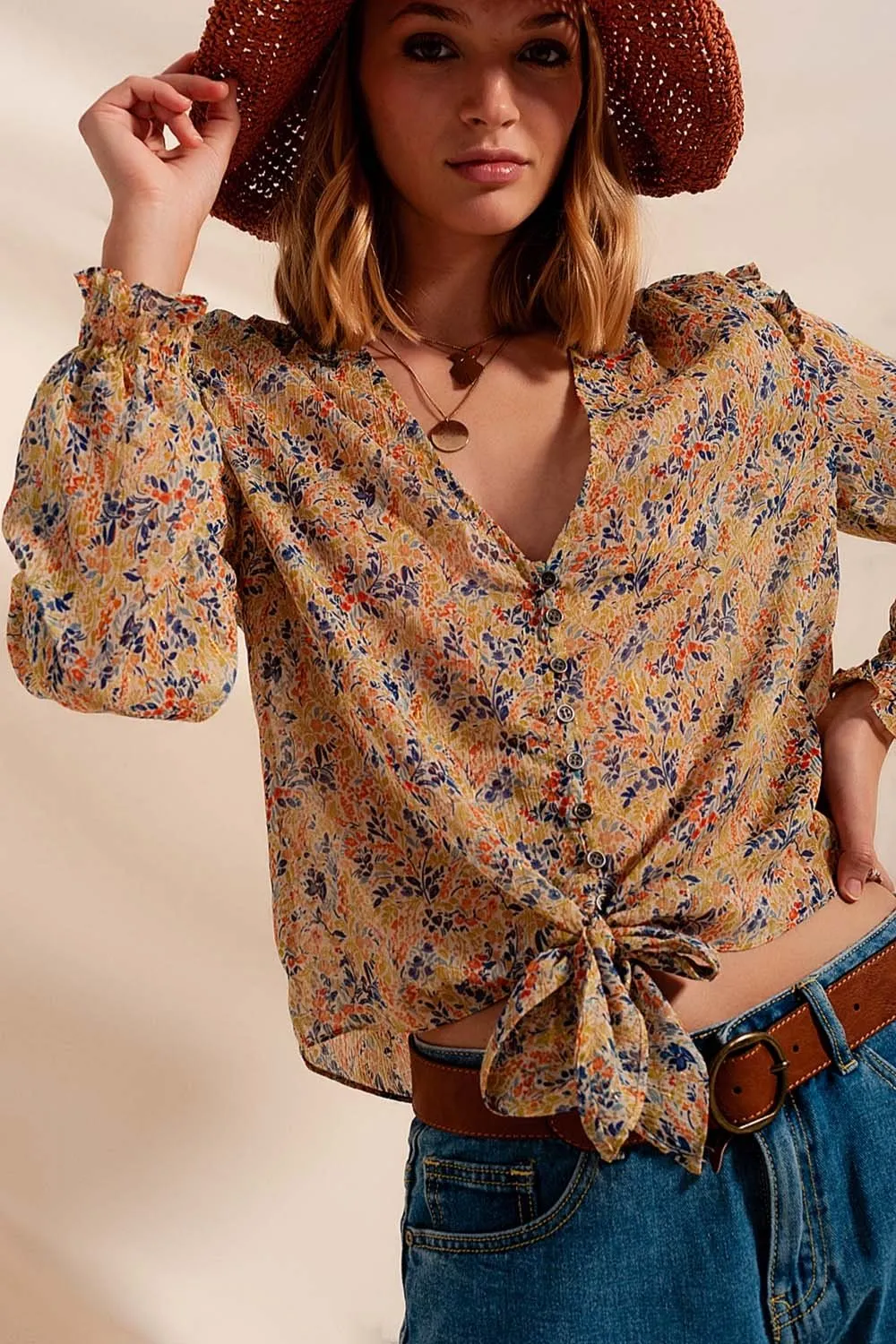 Floral Metallic Ruffle Blouse