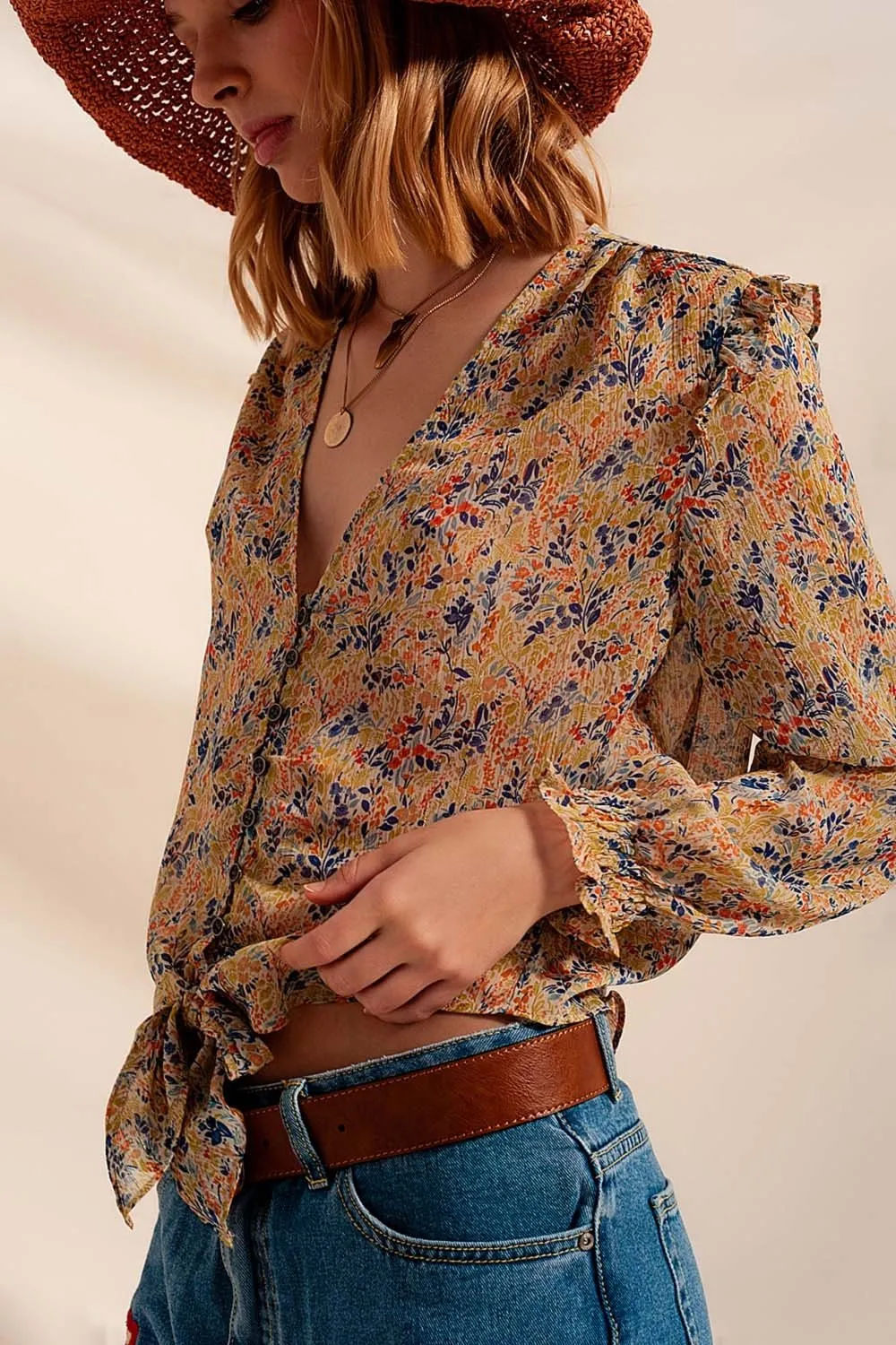 Floral Metallic Ruffle Blouse