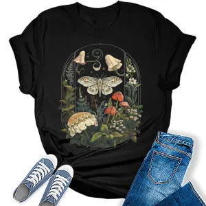 Floral Moth Graphic Tees for Women Tshirts Vintage Tops Cute Floral Wildflower Girls Shirts