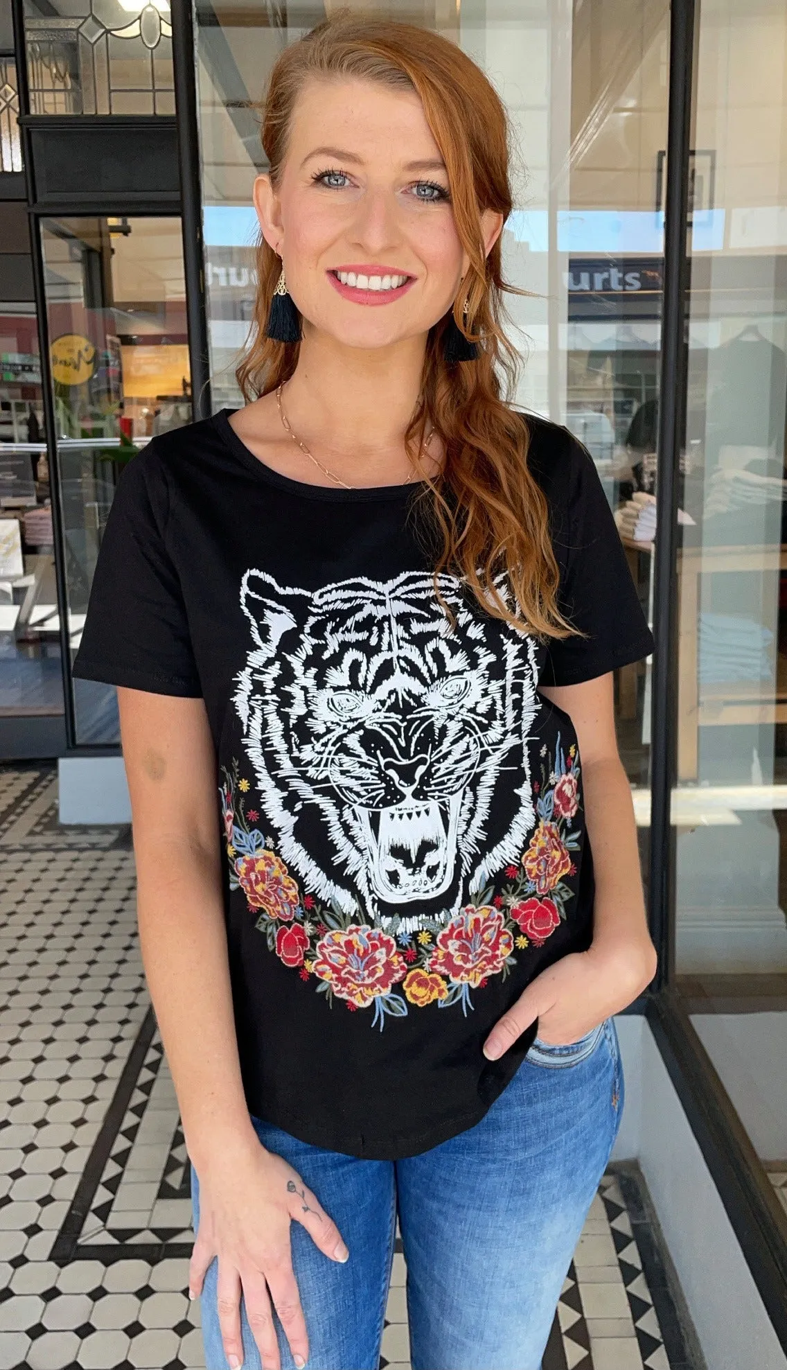 Floral Tiger Embroidered Tee Black