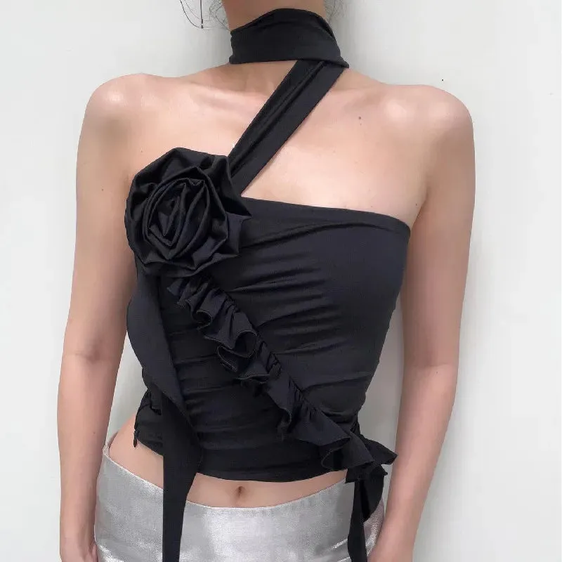 Gothic Off Crop Ruffles Shoulder Flower Backless Aesthetic Top