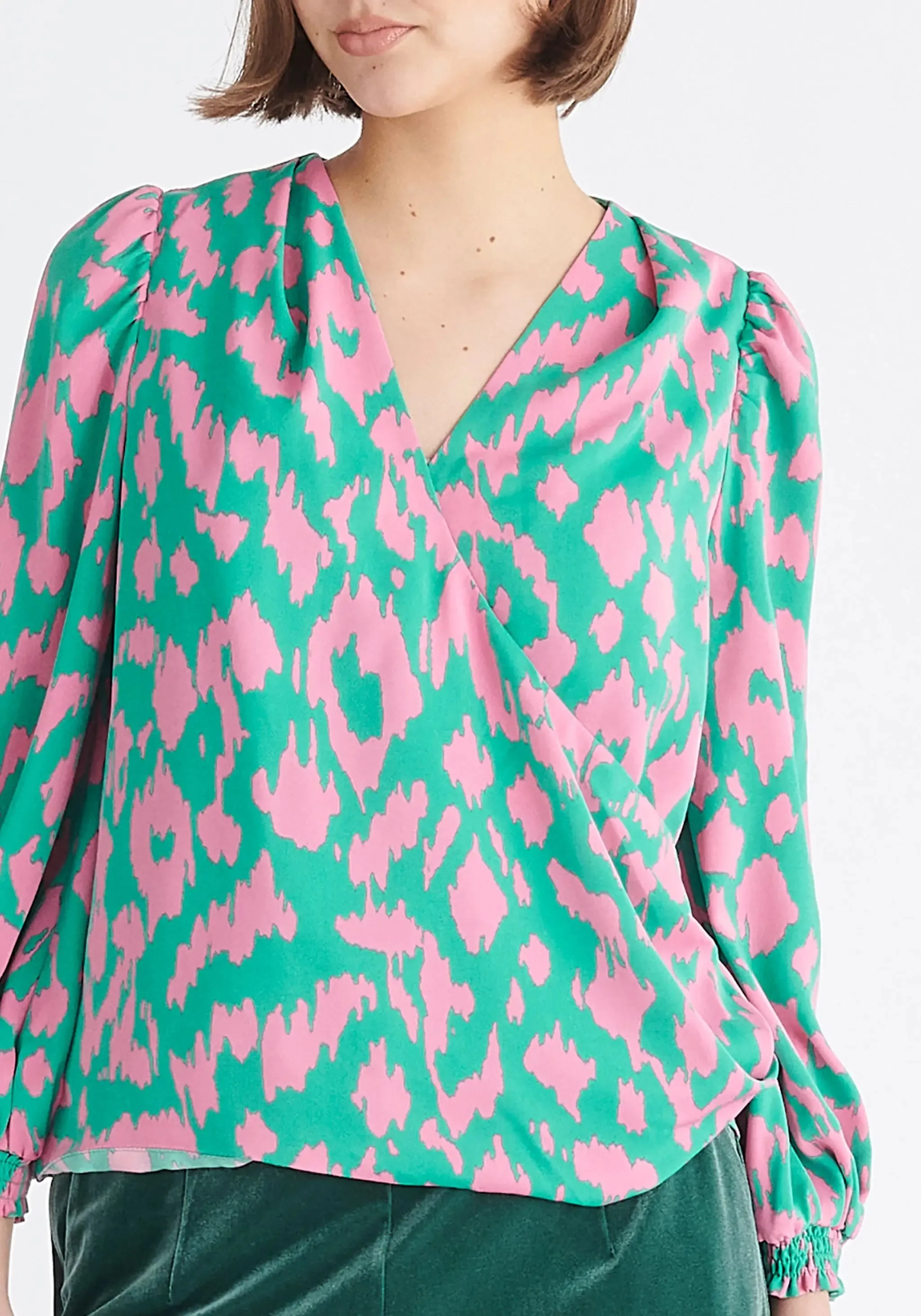 Green and Pink Animal Print Wrap Blouse