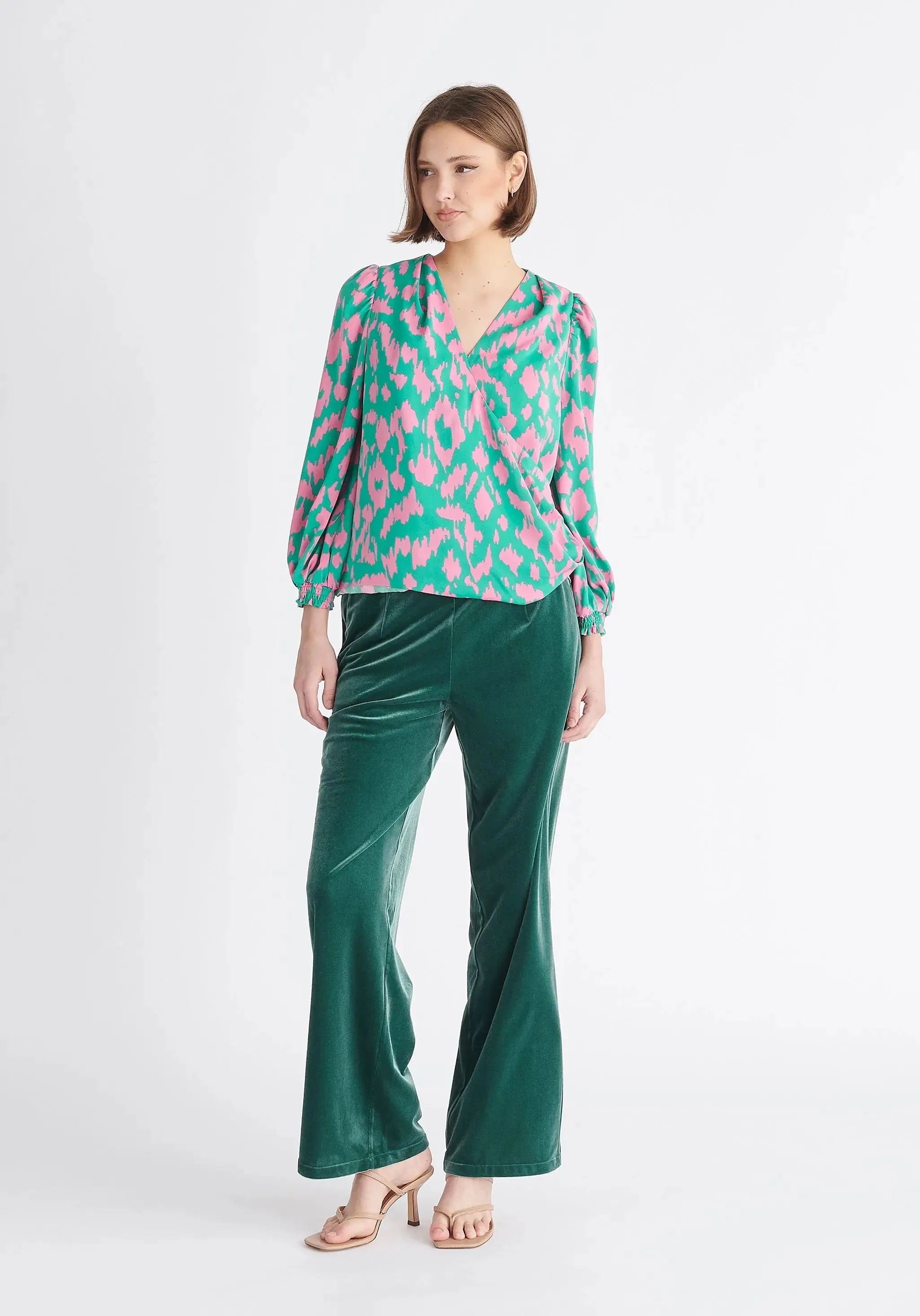 Green and Pink Animal Print Wrap Blouse