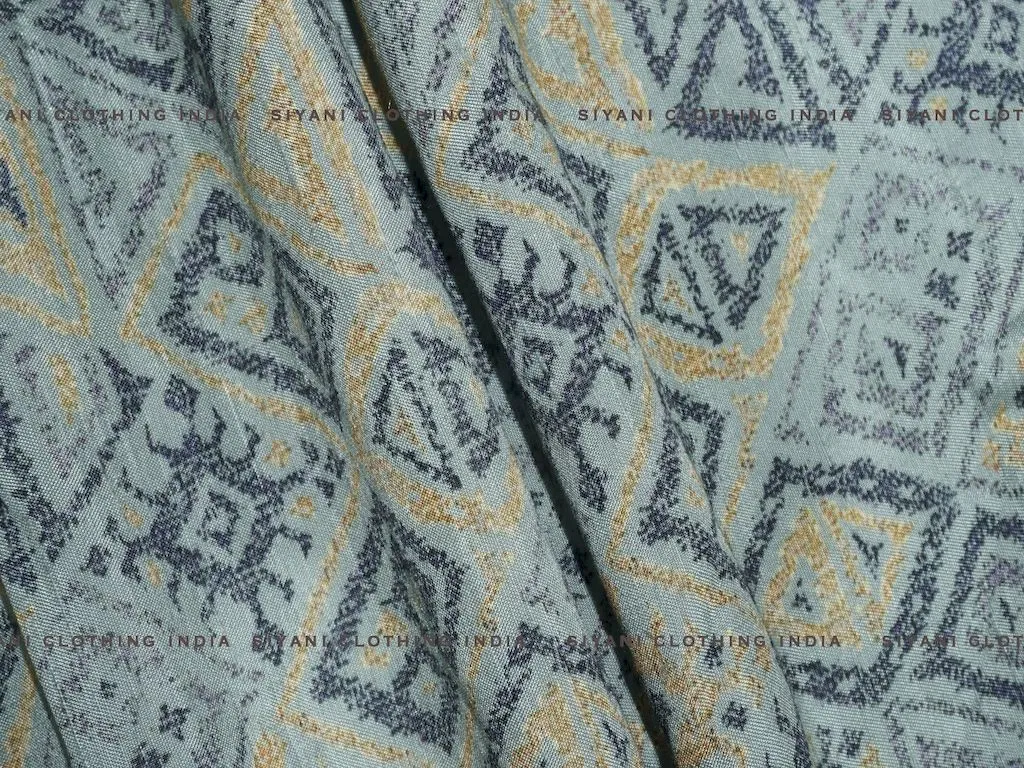 Ice Blue Geomatric Print Raw Silk Fabric