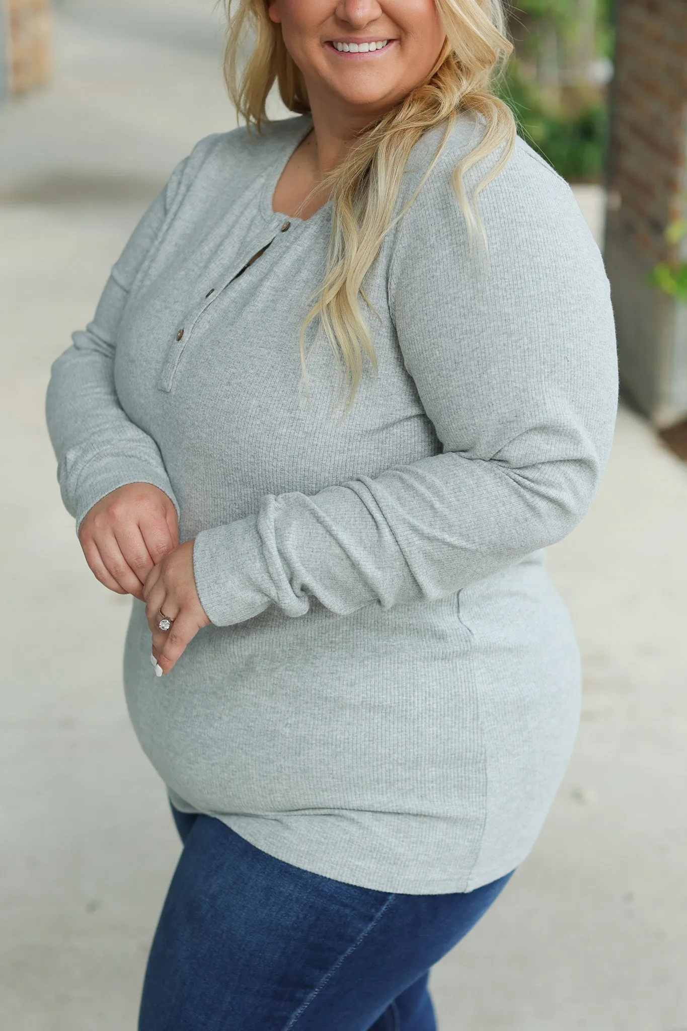 IN STOCK Brielle Henley Ribbed Long Sleeve - Light Grey