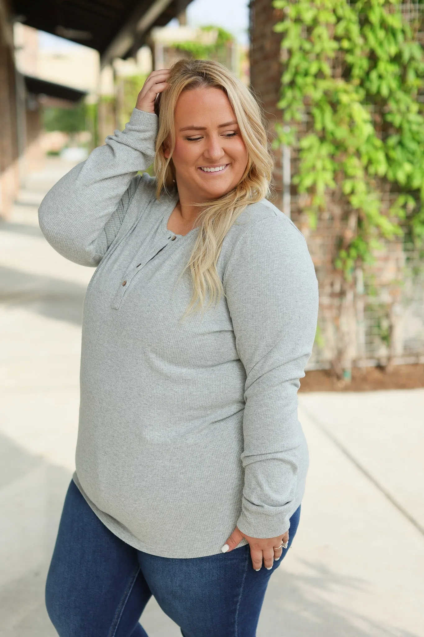 IN STOCK Brielle Henley Ribbed Long Sleeve - Light Grey