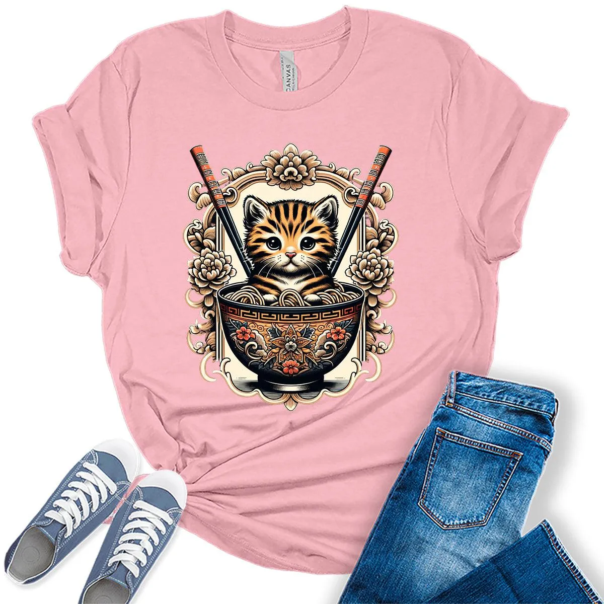 Japanese Anime Kawaii Cat Ramen Graphic Tees for Women