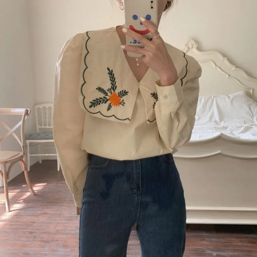 [Korean Style] Embroidery Sailor Collared Long Sleeve Blouse