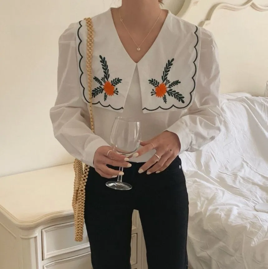 [Korean Style] Embroidery Sailor Collared Long Sleeve Blouse