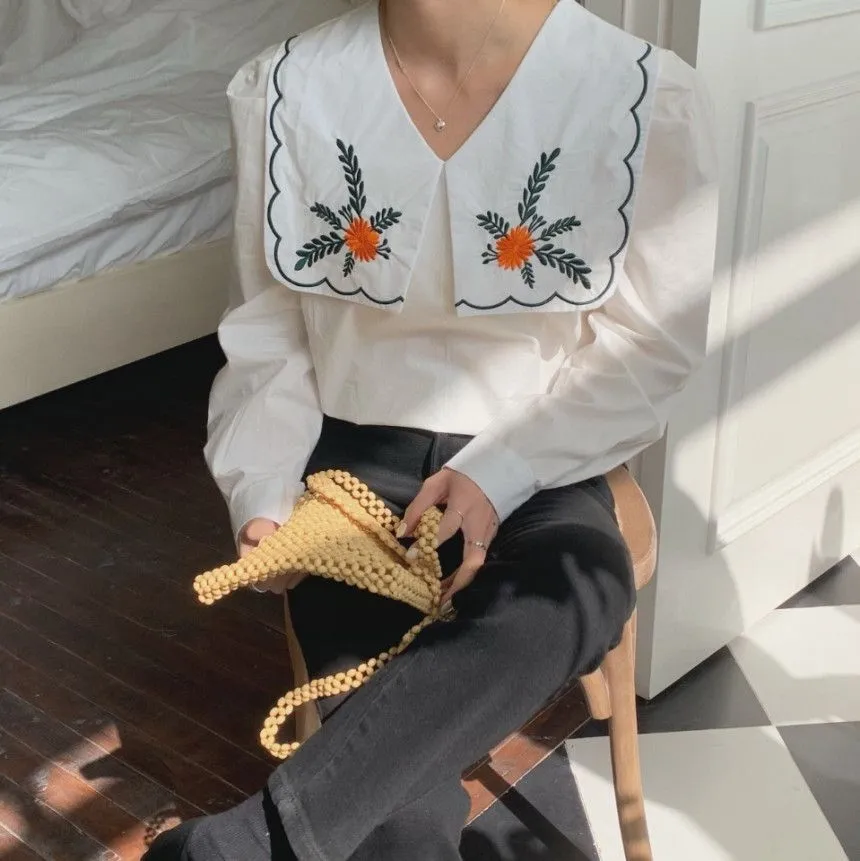 [Korean Style] Embroidery Sailor Collared Long Sleeve Blouse