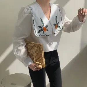 [Korean Style] Embroidery Sailor Collared Long Sleeve Blouse