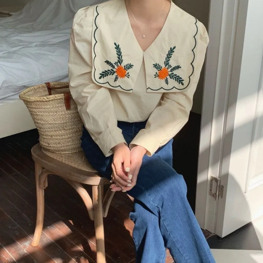 [Korean Style] Embroidery Sailor Collared Long Sleeve Blouse