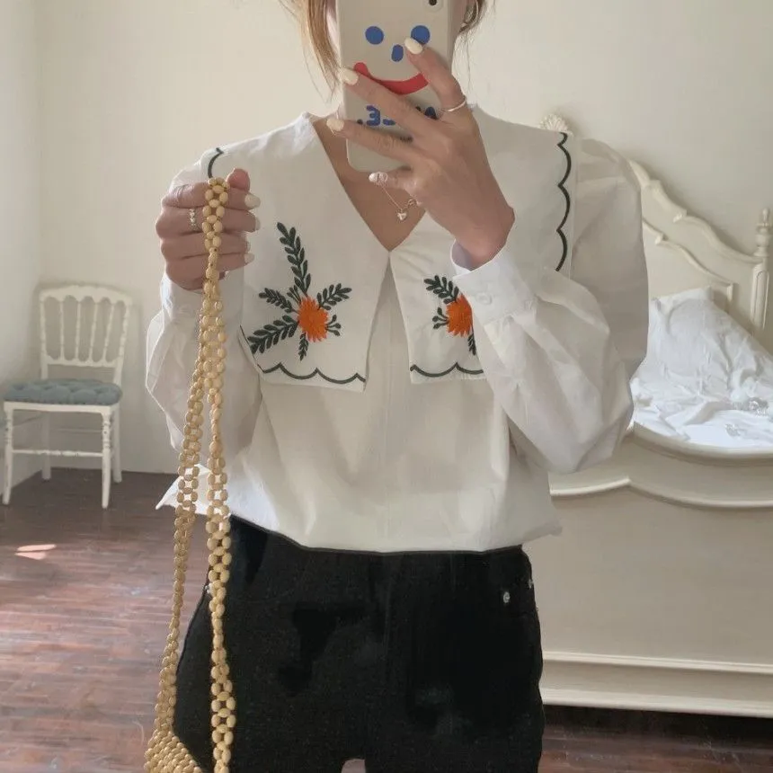 [Korean Style] Embroidery Sailor Collared Long Sleeve Blouse