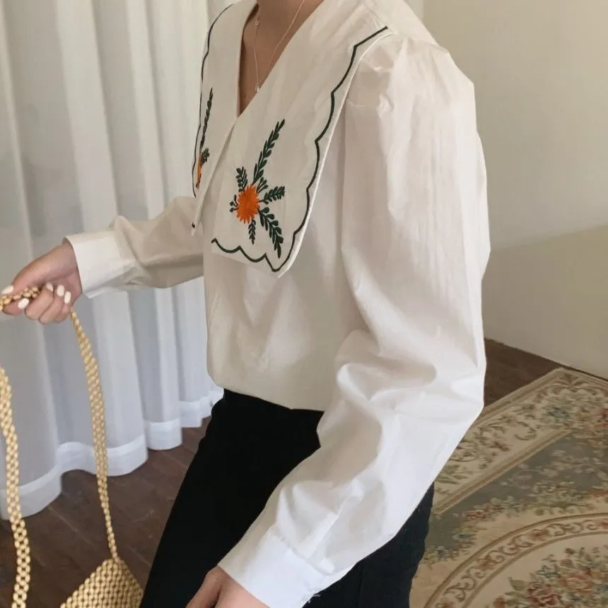 [Korean Style] Embroidery Sailor Collared Long Sleeve Blouse