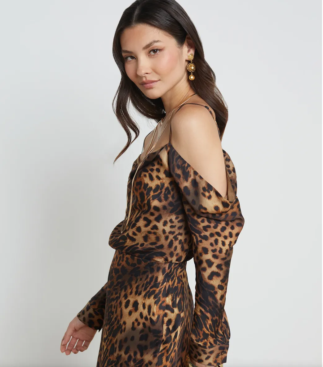 L'Agence Zion cold Shoulder Blouse Brown Leopard