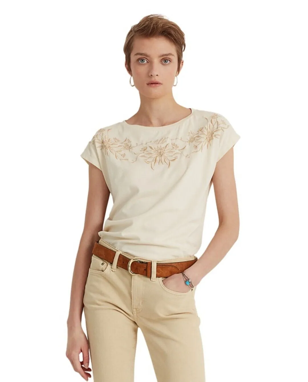 Lauren Ralph Lauren Womens Embroidered Cotton Blend T-Shirt