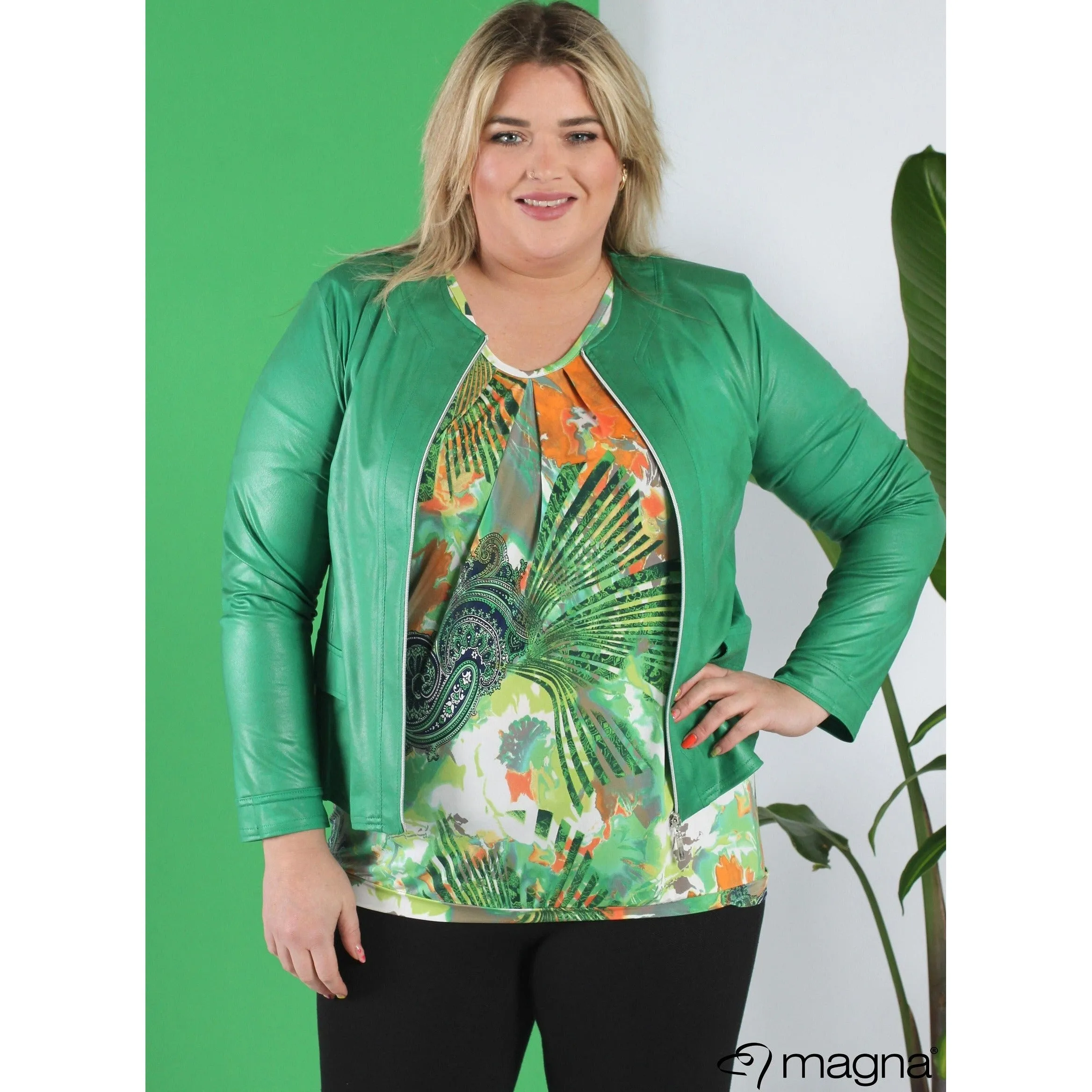 Magna Leather Look Jacket in Brazil Green