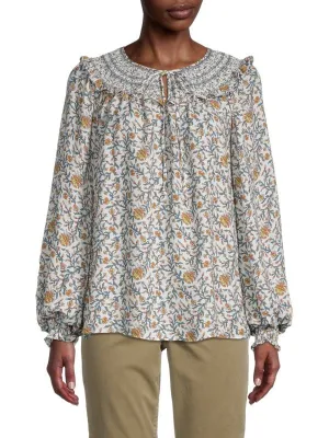 Max Studio Cream Floral Smocked Peasant Top